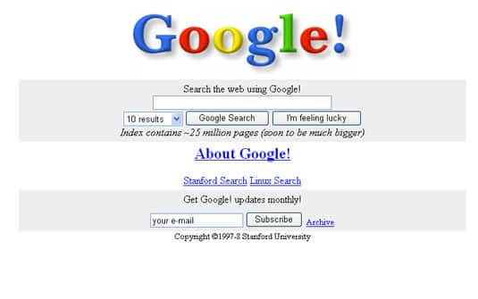 A imagem acima mostra a primeira "cara" do site do Google, logo quando foi colocado no ar
